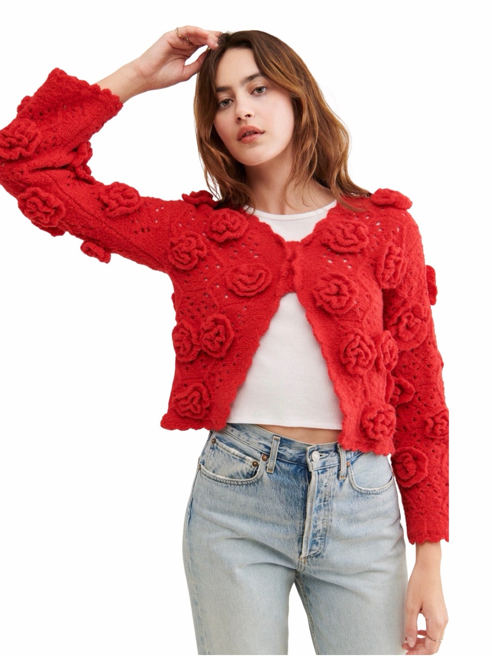 TACH Red 3D Floral Knit Cropped Cardigan